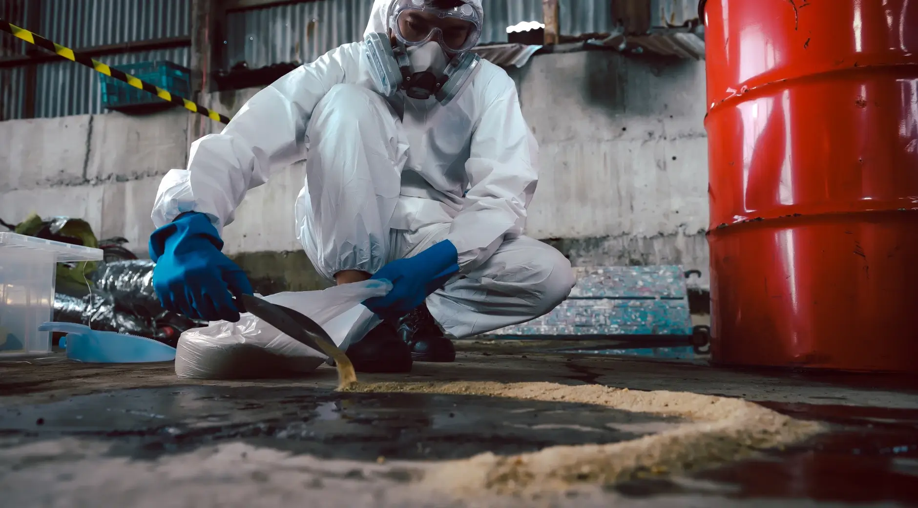 A worker in a protective hazmat suit and respirator cleaning up a chemical spill on a concrete floor inside an industrial facility.