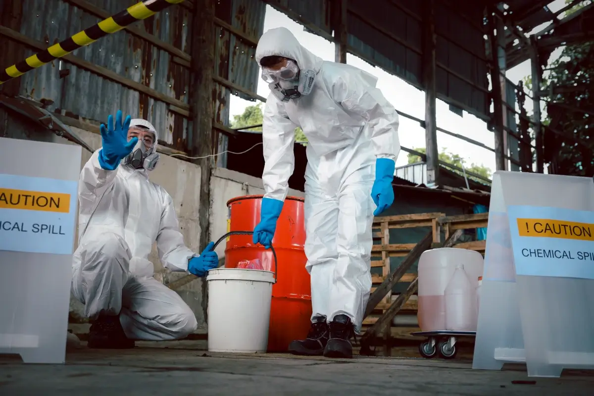 Hazmat workers in protective suits handling containers during a chemical spill response inside an industrial warehouse.
