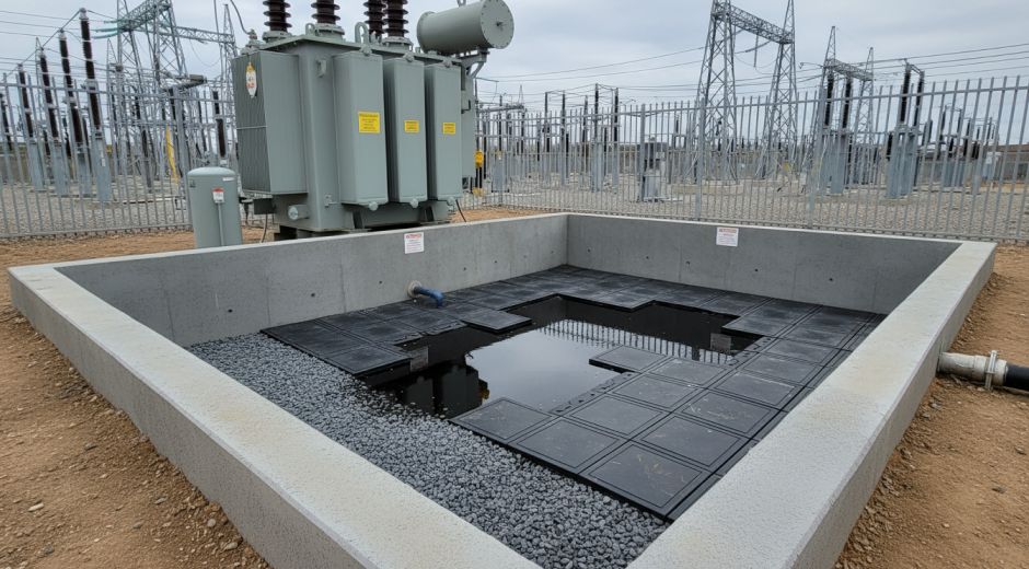 Transformer with an oil containment system at a substation.